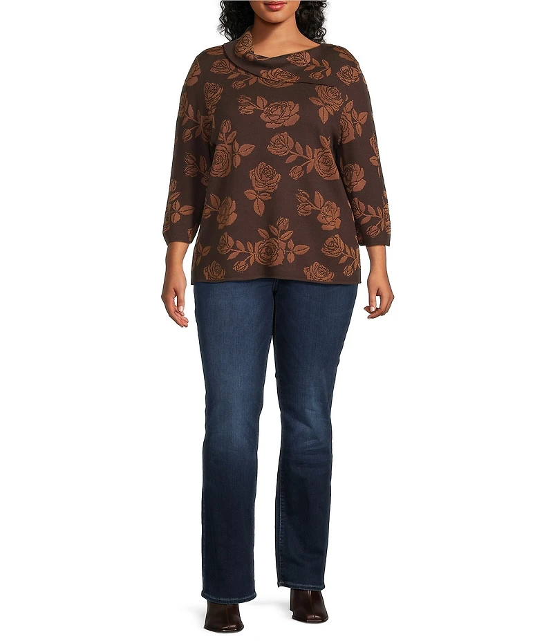 Leo & Nicole Plus Size Envelope Neck Long Sleeve Allover Rose Jacquard Sweater