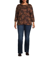 Leo & Nicole Plus Size Envelope Neck Long Sleeve Allover Rose Jacquard Sweater