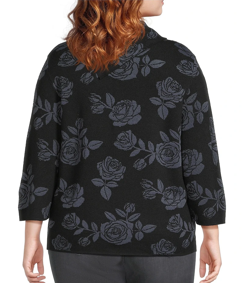 Leo & Nicole Plus Size Envelope Neck Long Sleeve Allover Rose Jacquard Sweater