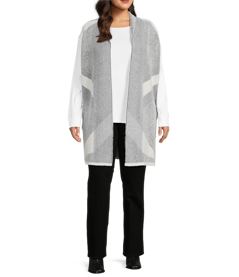 Leo & Nicole Plus Size Geo Print Shawl Collar Sleeveless Open-Front Sweater Vest