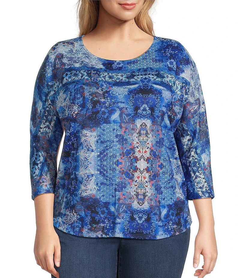 Leo & Nicole Plus Size Hacci Knit Paisley Bloom Print Crew Neck 3/4 Dolman Sleeve Top
