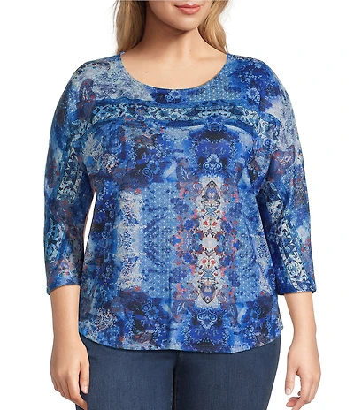 Leo & Nicole Plus Size Hacci Knit Paisley Bloom Print Crew Neck 3/4 Dolman Sleeve Top