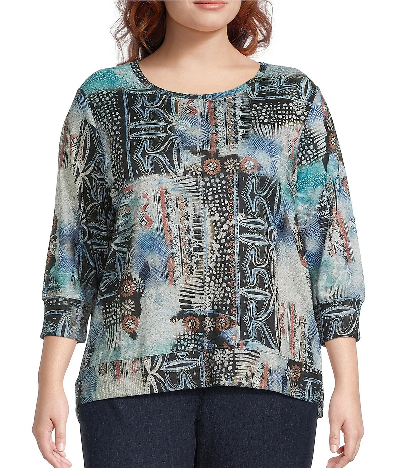 Leo & Nicole Plus Size Hacci Knit Patchwork Print Crew Neck 3/4 Sleeve Top