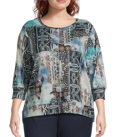 Leo & Nicole Plus Size Hacci Knit Patchwork Print Crew Neck 3/4 Sleeve Top