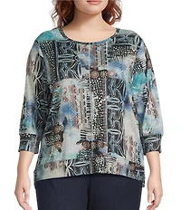 Leo & Nicole Plus Size Hacci Knit Patchwork Print Crew Neck 3/4 Sleeve Top