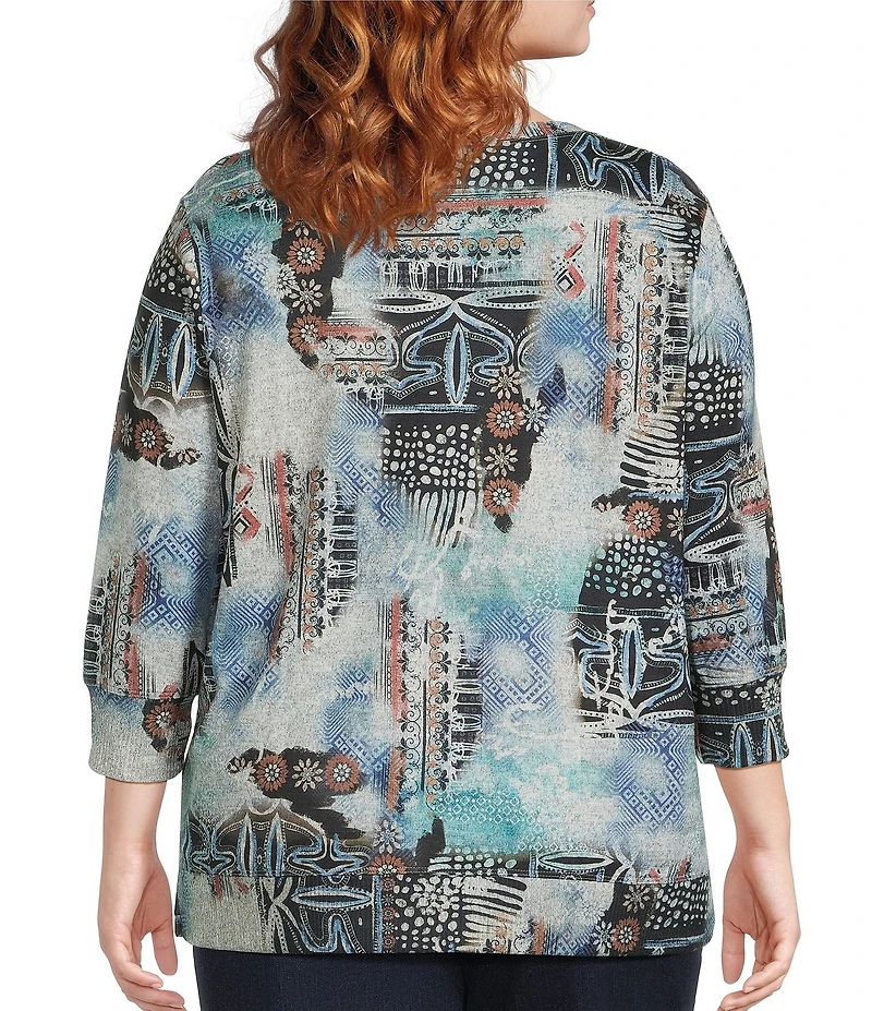 Leo & Nicole Plus Size Hacci Knit Patchwork Print Crew Neck 3/4 Sleeve Top