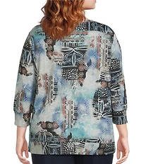 Leo & Nicole Plus Size Hacci Knit Patchwork Print Crew Neck 3/4 Sleeve Top