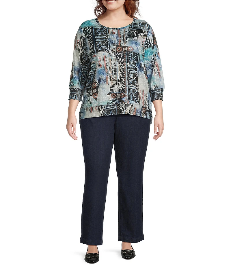 Leo & Nicole Plus Size Hacci Knit Patchwork Print Crew Neck 3/4 Sleeve Top