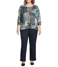 Leo & Nicole Plus Size Hacci Knit Patchwork Print Crew Neck 3/4 Sleeve Top