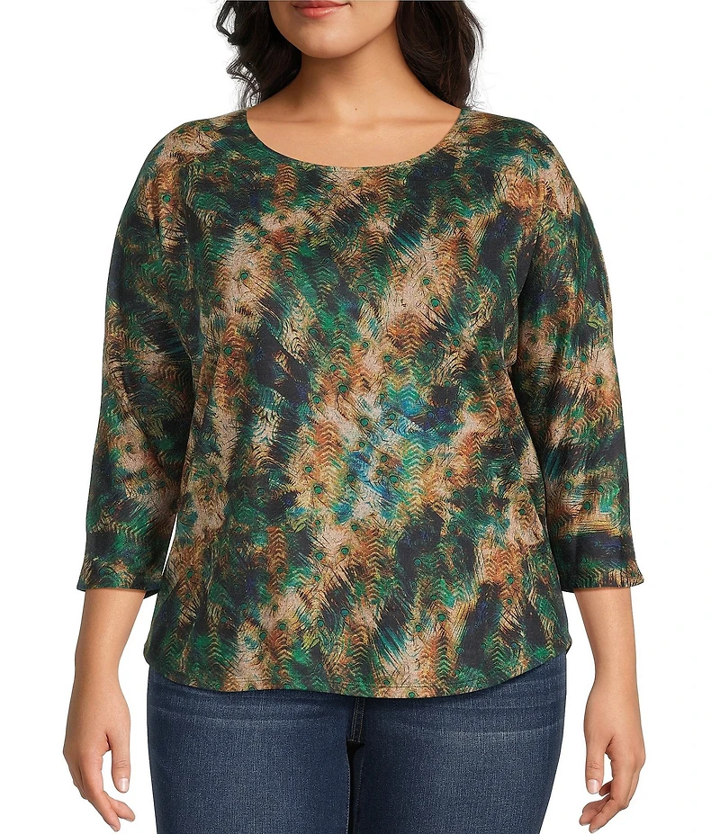 Leo & Nicole Plus Size Hacci Knit Peacock Express Print Crew Neck 3/4 Dolman Sleeve Top