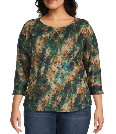Leo & Nicole Plus Size Hacci Knit Peacock Express Print Crew Neck 3/4 Dolman Sleeve Top