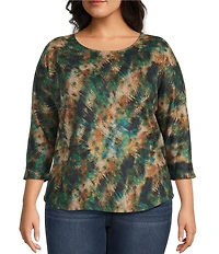 Leo & Nicole Plus Size Hacci Knit Peacock Express Print Crew Neck 3/4 Dolman Sleeve Top