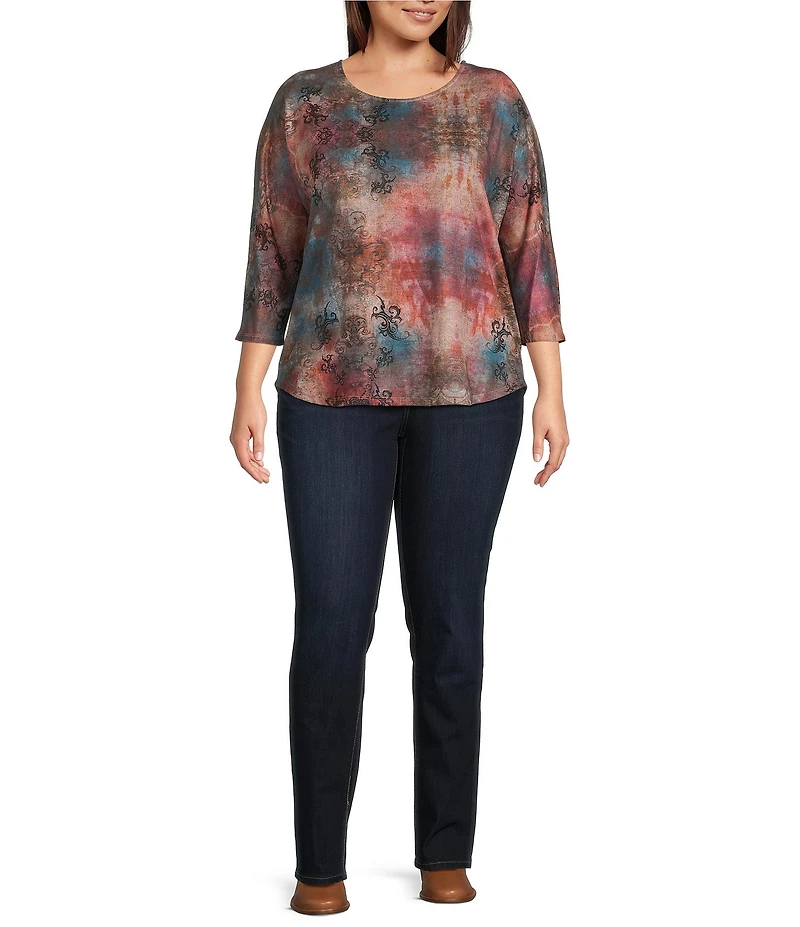Leo & Nicole Plus Size Hacci Knit Watercolor Confluence Print Crew Neck 3/4 Dolman Sleeve Top