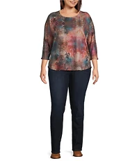 Leo & Nicole Plus Size Hacci Knit Watercolor Confluence Print Crew Neck 3/4 Dolman Sleeve Top