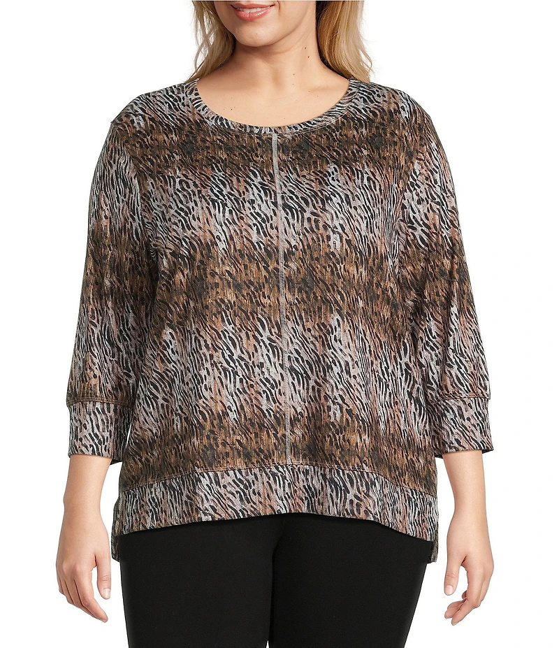 Leo & Nicole Plus Size Hacci Knit Zebra Strike Print Crew Neck 3/4 Sleeve Top