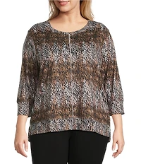 Leo & Nicole Plus Size Hacci Knit Zebra Strike Print Crew Neck 3/4 Sleeve Top