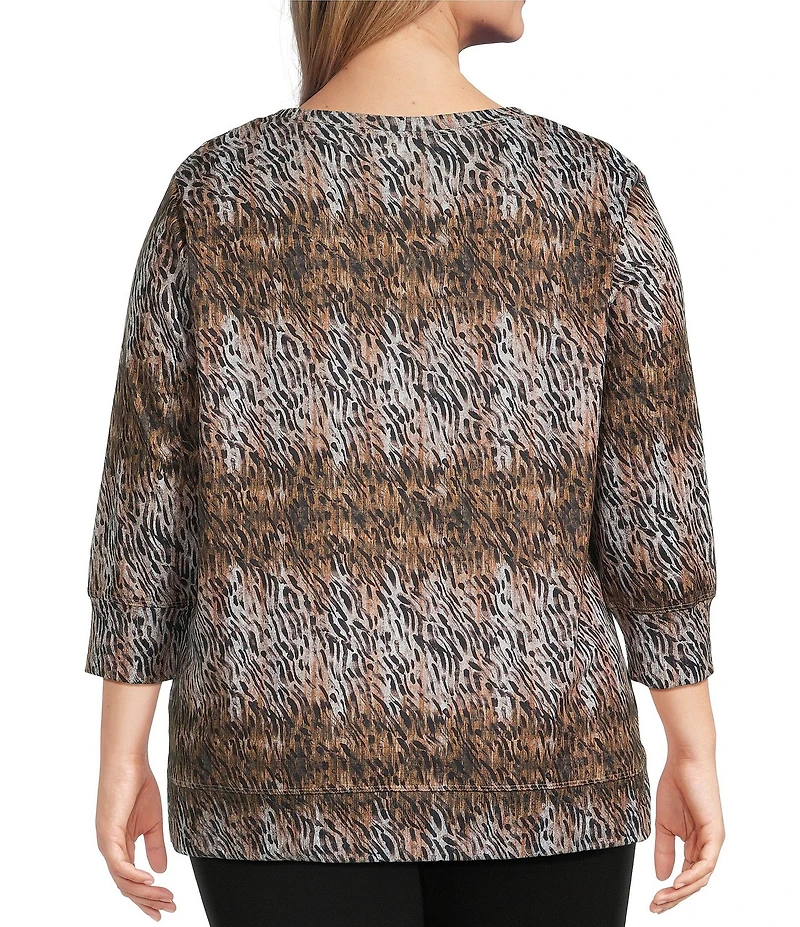 Leo & Nicole Plus Size Hacci Knit Zebra Strike Print Crew Neck 3/4 Sleeve Top