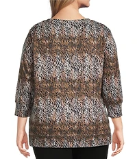 Leo & Nicole Plus Size Hacci Knit Zebra Strike Print Crew Neck 3/4 Sleeve Top