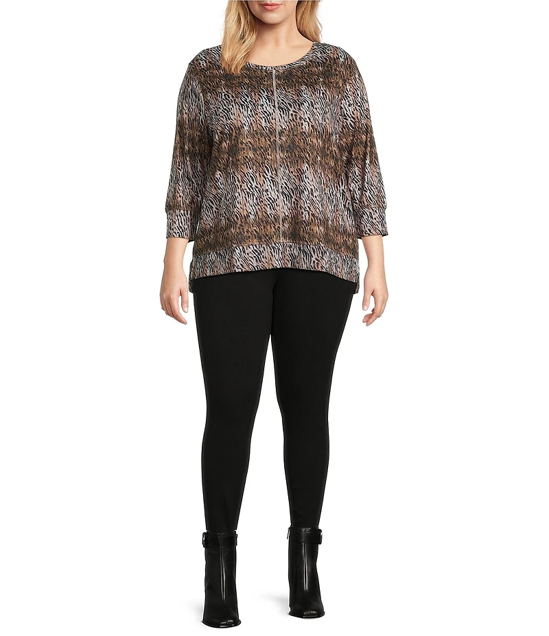 Leo & Nicole Plus Size Hacci Knit Zebra Strike Print Crew Neck 3/4 Sleeve Top