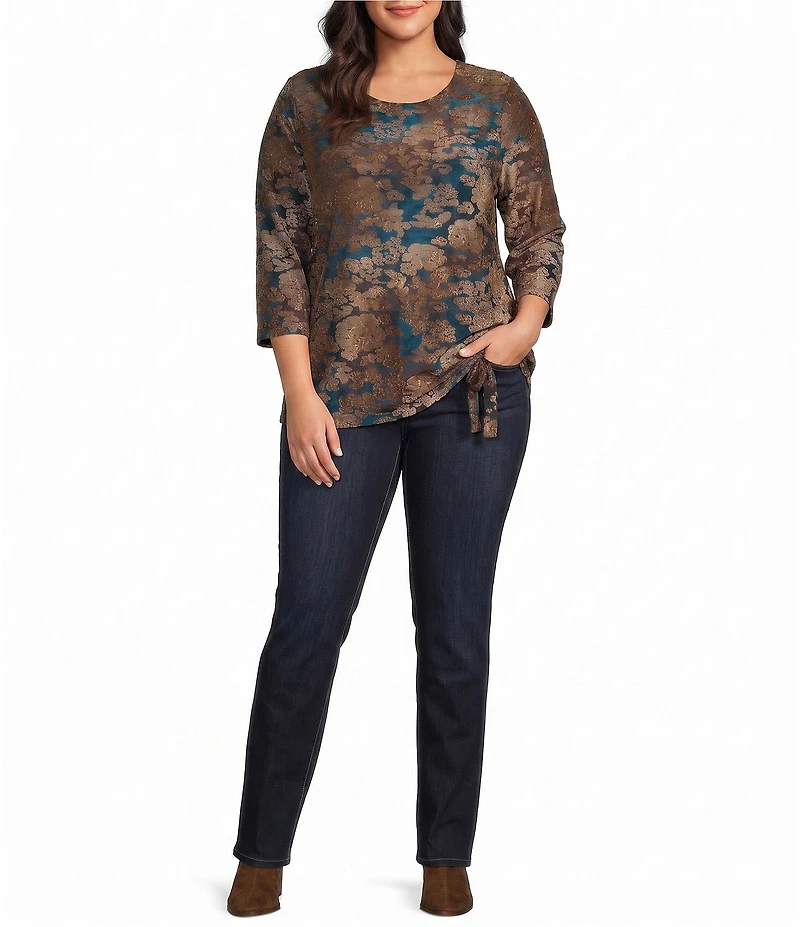 Leo & Nicole Plus Size Jacquard Floral Crew Neck 3/4 Sleeve Cinched Hem Top