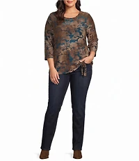 Leo & Nicole Plus Size Jacquard Floral Crew Neck 3/4 Sleeve Cinched Hem Top