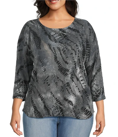 Leo & Nicole Plus Size Jacquard Multi Color Print Crew Neck 3/4 Dolman Sleeve Top