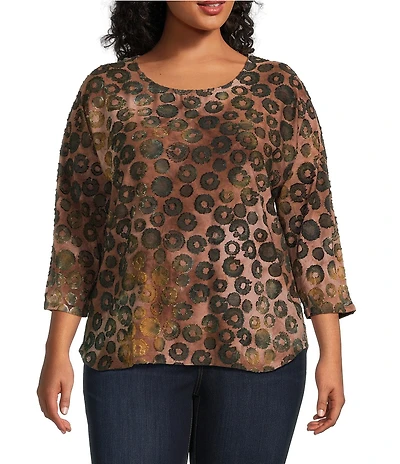 Leo & Nicole Plus Size Jacquard Print Crew Neck 3/4 Dolman Sleeve Top