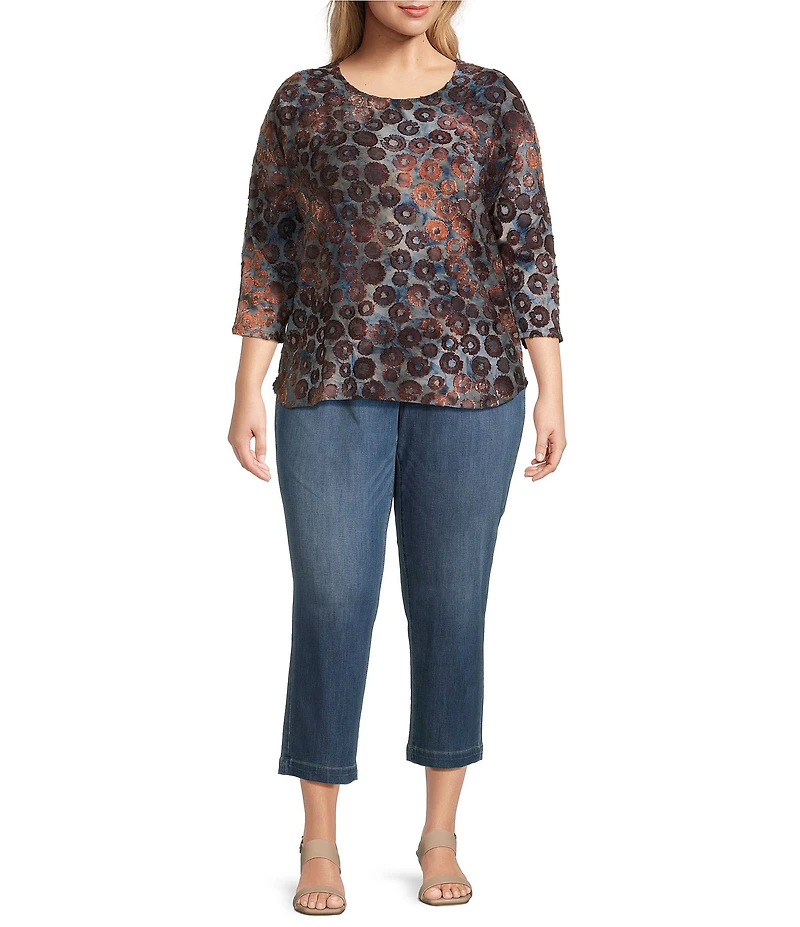 Leo & Nicole Plus Size Jacquard Print Crew Neck 3/4 Dolman Sleeve Top