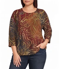 Leo & Nicole Plus Size Jacquard Zebra Print Crew Neck 3/4 Dolman Sleeve Top