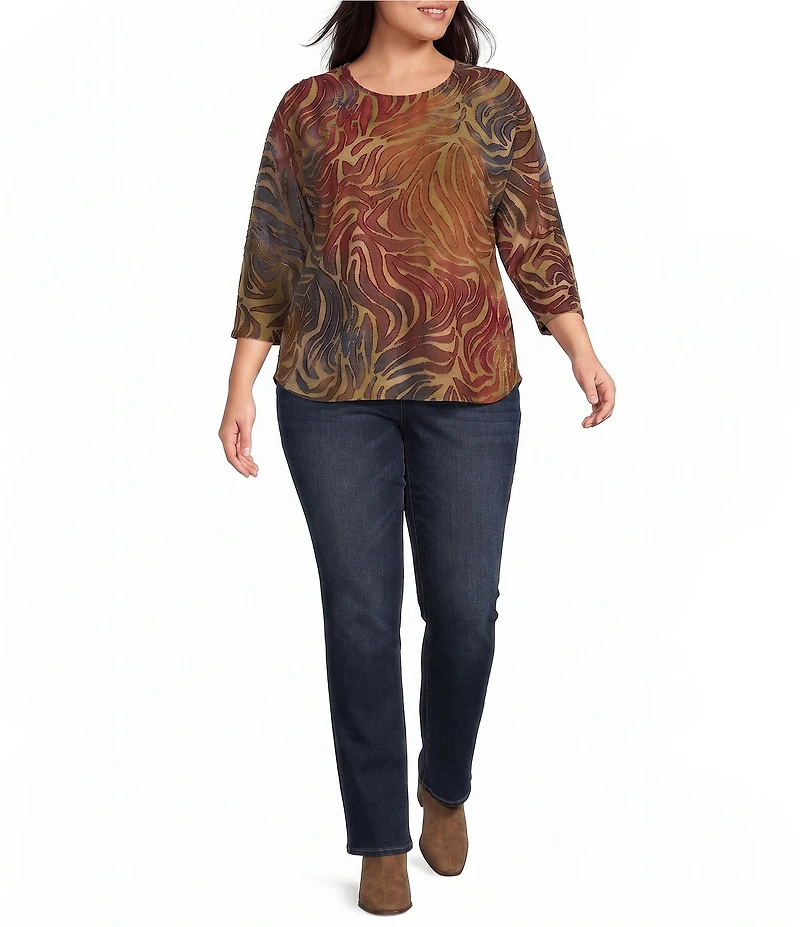 Leo & Nicole Plus Size Jacquard Zebra Print Crew Neck 3/4 Dolman Sleeve Top
