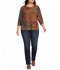 Leo & Nicole Plus Size Jacquard Zebra Print Crew Neck 3/4 Dolman Sleeve Top