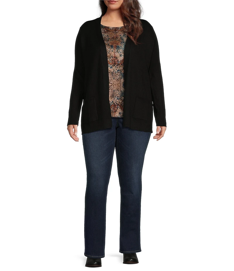 Leo & Nicole Plus Size Long Sleeve Open Front Rib Vertical Rib Sweater Cardigan