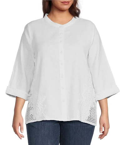 Leo & Nicole Plus Size Mandarin Collar 3/4 Sleeve Lace Applique Button Front Shirt