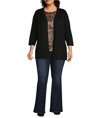 Leo & Nicole Plus Size Pointelle Trim 3/4 Sleeve Open-Front Cardigan