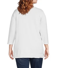 Leo & Nicole Plus Size Pointelle Trim 3/4 Sleeve Open-Front Cardigan