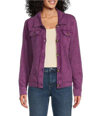 Leo & Nicole Point Collar Long Sleeve Relaxed Button Front Acid Wash Jacket