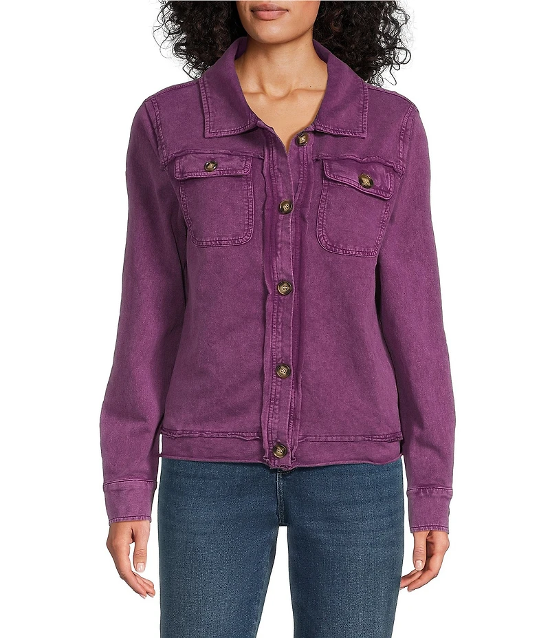Leo & Nicole Point Collar Long Sleeve Relaxed Button Front Acid Wash Jacket