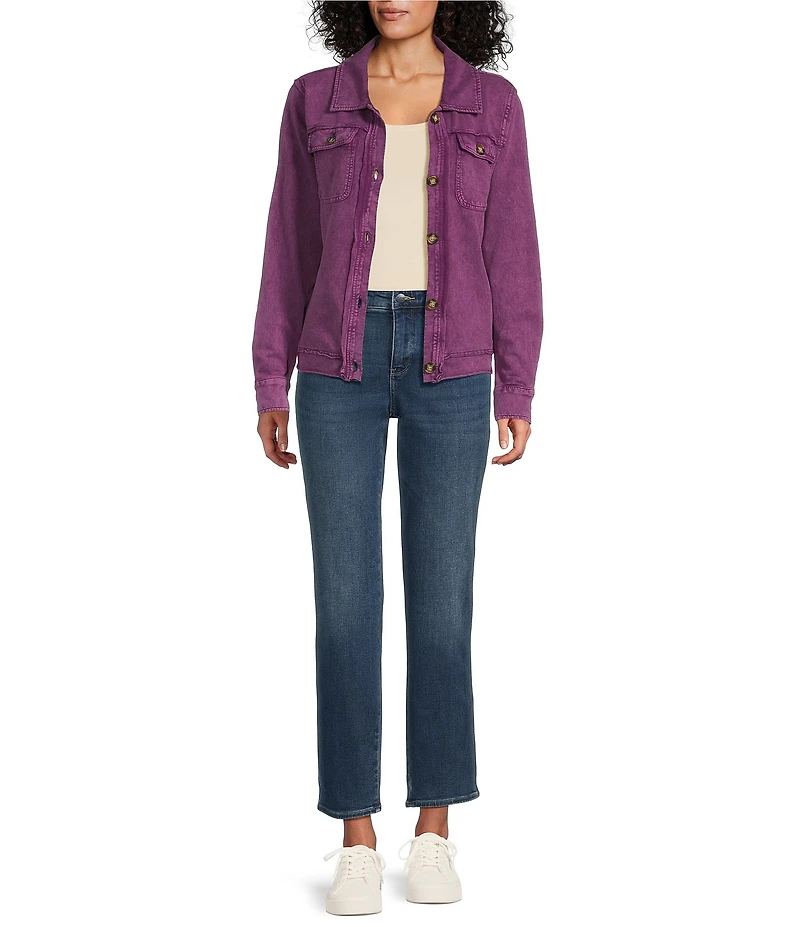 Leo & Nicole Point Collar Long Sleeve Relaxed Button Front Acid Wash Jacket