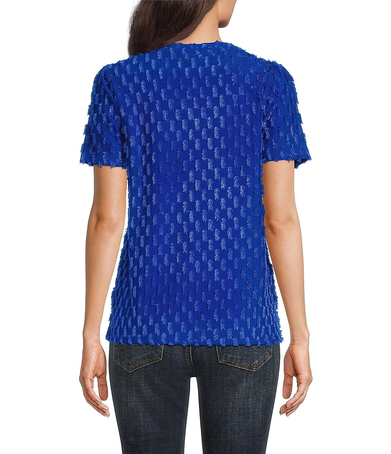 Leo & Nicole Split V-Neck Short Sleeve Clip Dot Top