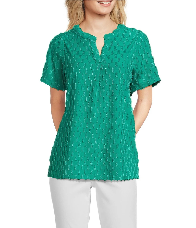 Leo & Nicole Split V-Neck Short Sleeve Clip Dot Top