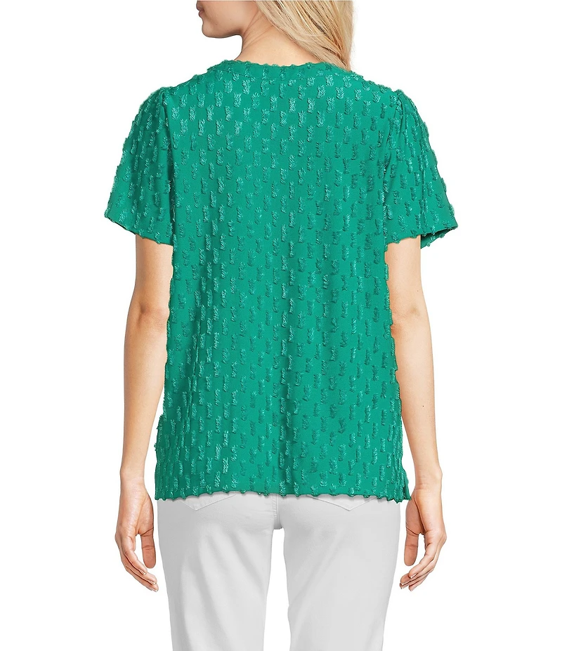 Leo & Nicole Split V-Neck Short Sleeve Clip Dot Top
