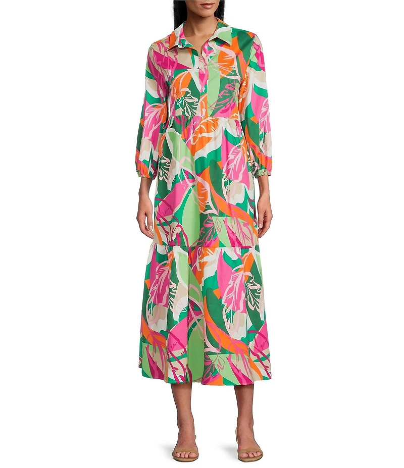 Leslie Fay 3/4 Sleeve Floral Print Shirt Midi Dress