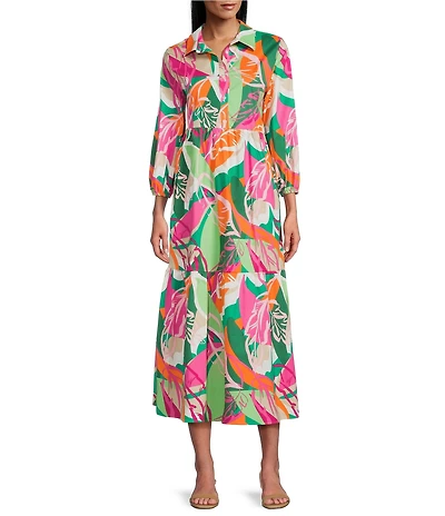 Leslie Fay 3/4 Sleeve Floral Print Shirt Midi Dress