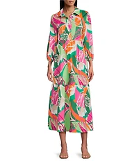 Leslie Fay 3/4 Sleeve Floral Print Shirt Midi Dress