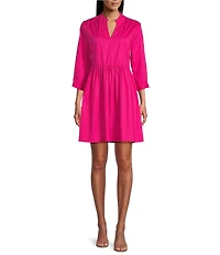 Leslie Fay 3/4 Sleeve Split V-Neck Cotton Poplin Dress