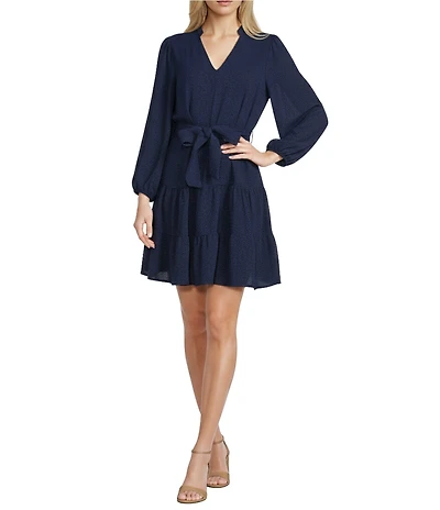 Leslie Fay Airwash Bubble Long Sleeve V-Neck Tie Front Tiered Fit And Flare Dress