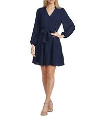 Leslie Fay Airwash Bubble Long Sleeve V-Neck Tie Front Tiered Fit And Flare Dress