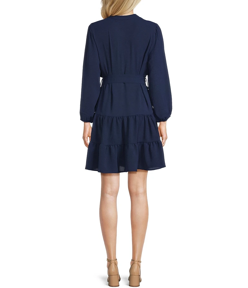 Leslie Fay Airwash Bubble Long Sleeve V-Neck Tie Front Tiered Fit And Flare Dress