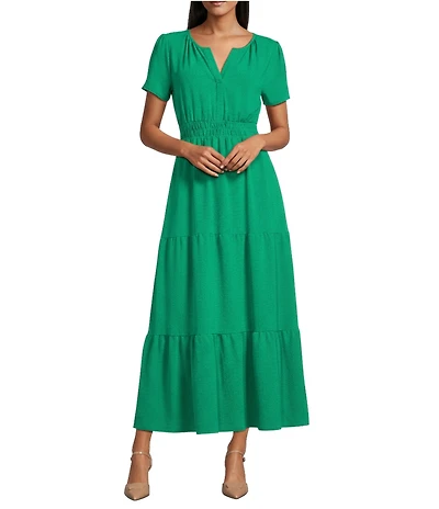 Leslie Fay Airwash Spilt V-Neck Short Sleeve Tiered Skirt Maxi Dress