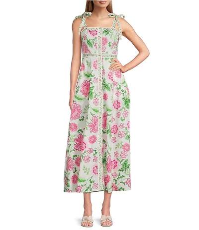 Leslie Fay Bowtie Shoulder Strap Floral Print Button Front Midi Dress